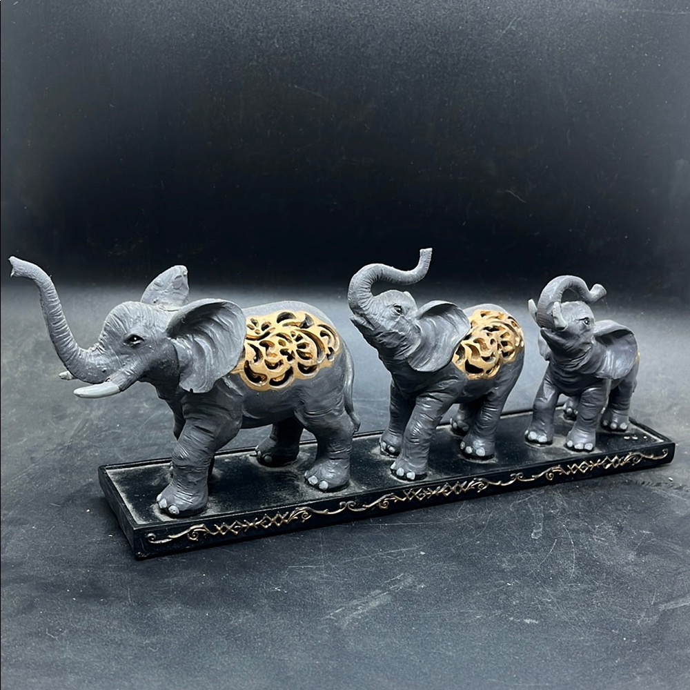 Decorative Black Elephant Trio Statue with Gold Accents